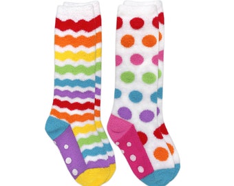 Girls Bright Rainbow Stripes Dots Fuzzy Knee High Non-Skid Slipper - 2 Pair
