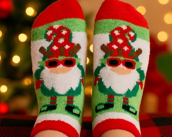 Fuzzy Holiday Gnome Slipper Socks: Non-Skid Comfy Pajama Socks (2PK)
