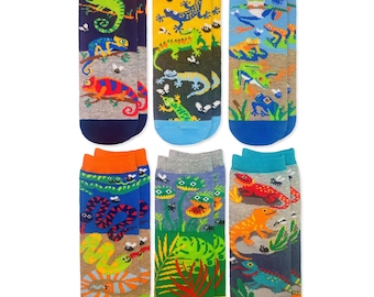 Jungen Neuheit Muster Crew Socken: Bunte Reptilien & Amphibien Designs - 6 Paar Packung