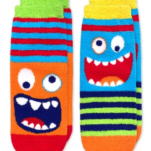 Boys Slipper Socks Fuzzy Knit Non Skid Gripper Monster Dinosaur Shark Stripe Colorful Novelty Pajama Cozy Toddler Holiday Gift 2PK Monster