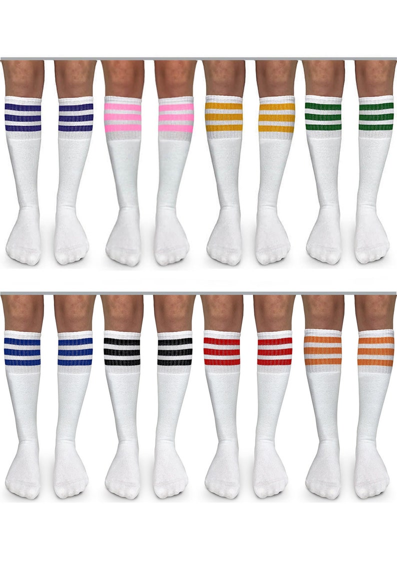 Womens Tube Socks Triple Stripe Cotton Boot Vintage Fashion Novelty Retro Colorful Dress Sport Gym School Girl Knee High Boot Halloween 