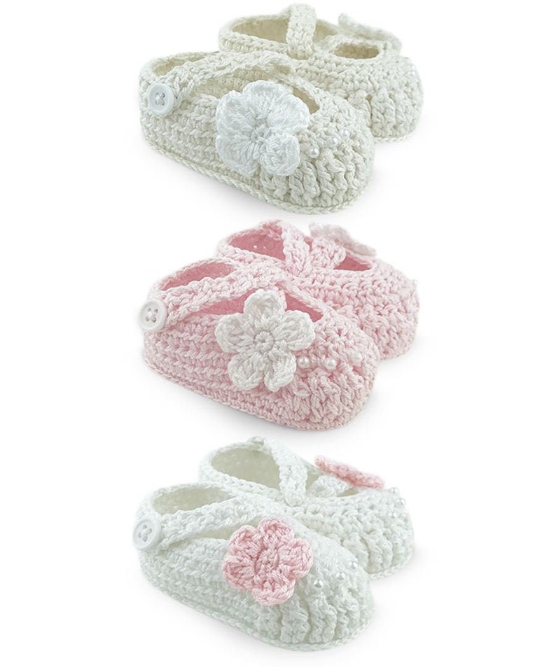 Newborn Crib Shoes Hand Crocheted Flower Mary Jane Pearl Floral Pink White Ivory Knit Booties Girls Socks Baby Shower Gift with Gift Box image 4