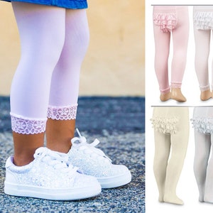 Girls Lace Tights, Pink Tights, White Lace Tights, Ruffle Rhumba Tights, Baptism Christening Tight, Baby Dress Tights, Classic Layering