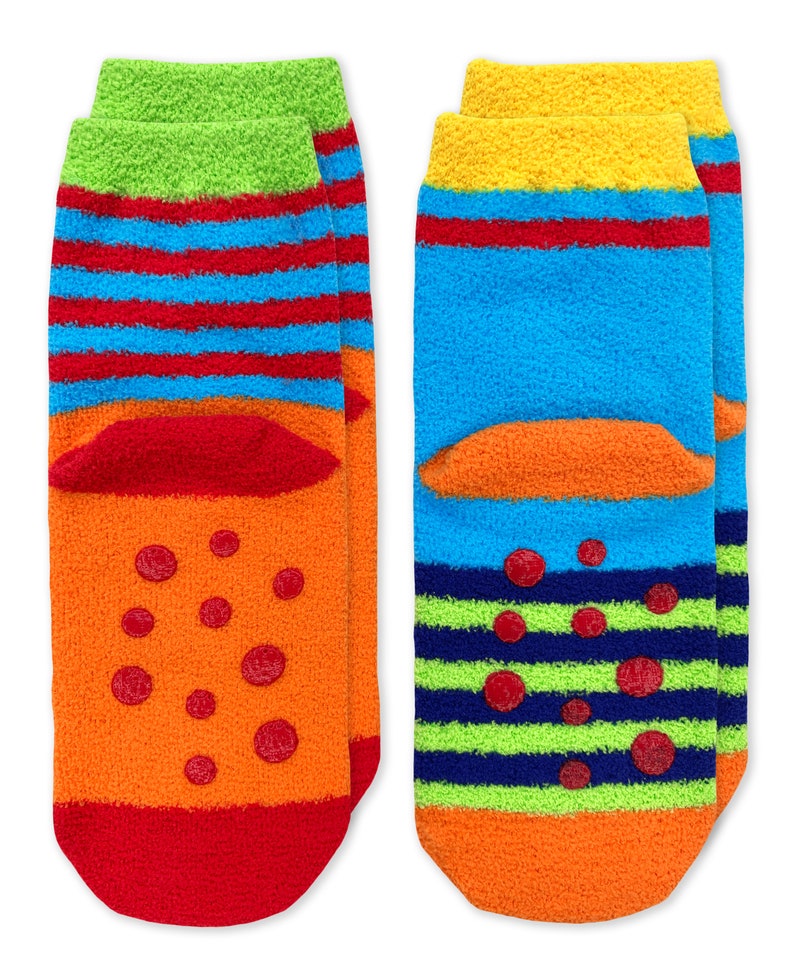 May include: A pair of colorful fuzzy socks with stripes and polka dots. The socks are orange, red, blue, green, and yellow.