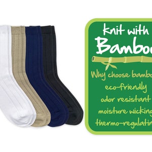 Bamboo Socks Boys Wide Ribbed Pattern School Uniform Eco-Friendly Moisture Wicking Thermo-Regulating Lightweight Rayon Dress Crew 2 Pack