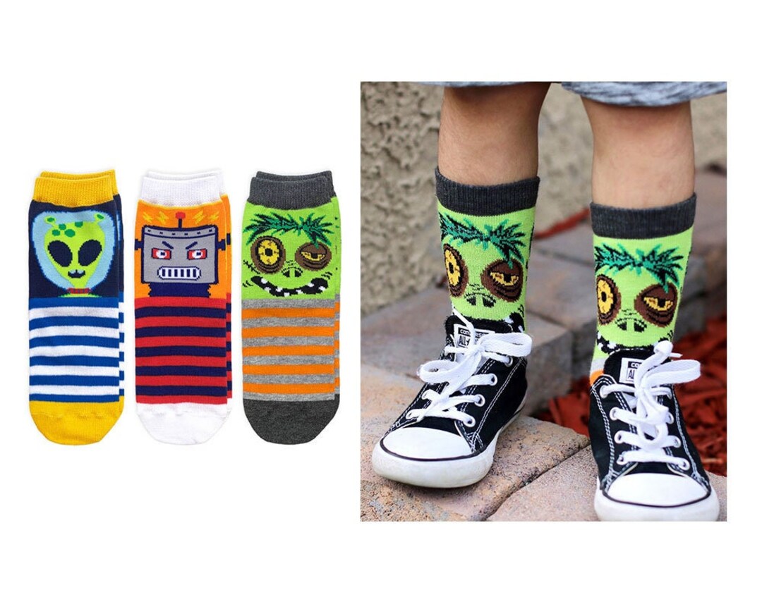 Boys Socks Robots Aliens Zombies Stripes Bright Fun Colorful Novelty