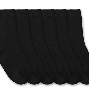 May include: A set of six solid black crew-length socks arranged in a row. Each sock features a ribbed texture along the leg and a smooth knit finish on the foot and toe area. The socks are identical in color, style, and length, presented flat.