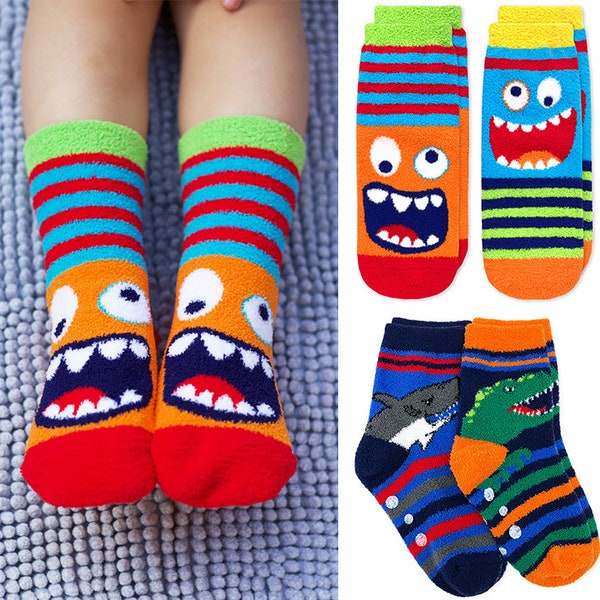 Boys Slipper Socks Fuzzy Knit Non Skid Gripper Monster Dinosaur Shark Stripe Colorful Novelty Pajama Cozy Toddler Holiday Gift 2PK