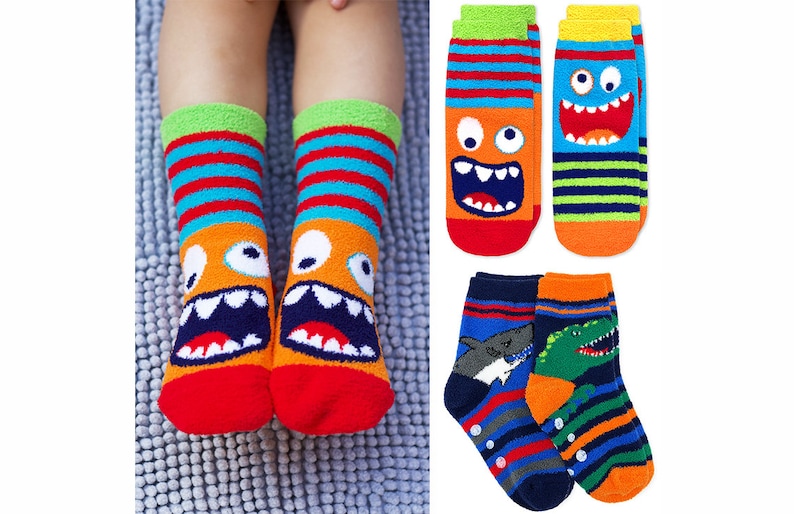 Boys Slipper Socks Fuzzy Knit Non Skid Gripper Monster Dinosaur Shark Stripe Colorful Novelty Pajama Cozy Toddler Holiday Gift 2PK image 1