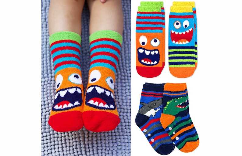 May include: A set of six colorful socks for kids. The socks feature a variety of fun designs, including monsters, sharks, and dinosaurs. The socks are made of soft, comfortable material and are perfect for everyday wear.