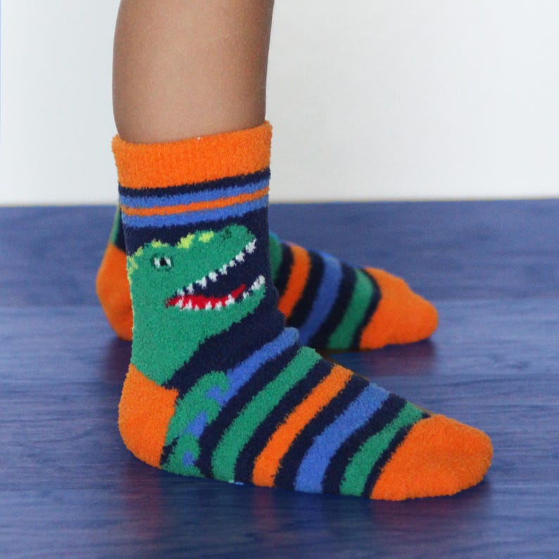 Boys Fuzzy Fun Comfy Non-Skid Slipper Gripper Socks: Monster, Shark, Dinosaur Patterns 2 Pair Pack image 2