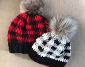 Girls Knitted Winter Hat - Plaid Knitted Hat - Knitted Hat with Pom Pom - Girls Knitted Hat - Boys Knitted Hat - Knitted Winter Beanie