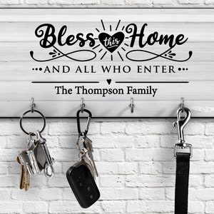 Bless This Home And All Who Enter / Family Name Personalized key ring holder key hanger wall key rack / Housewarming gift / Wedding gift image 1