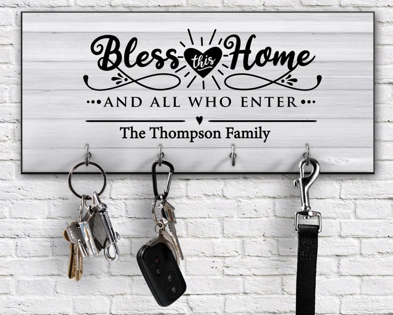 Bless This Home And All Who Enter / Family Name Personalized key ring holder key hanger wall key rack / Housewarming gift / Wedding gift image 1