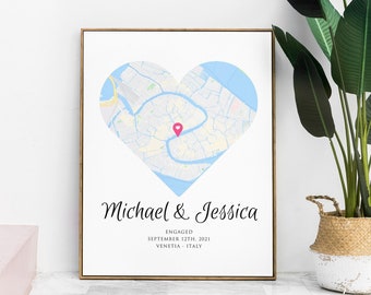 Engagement Gifts for Couple | Heart Map Print on Fine Art Paper with Frame | Keepsake Map Gift | Valentines Gift for Him Her