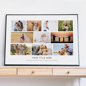 Op de afbeelding: Een zwart ingelijste fotocollage met negen afbeeldingen van een familie. De afbeeldingen tonen verschillende familieleden, waaronder kinderen, volwassenen en senioren. De afbeeldingen zijn in een rasterpatroon gerangschikt. De tekst "YOUR TITLE HERE" is onder de afbeeldingen gedrukt. De tekst "Customize this area with your own text, message or a gift dedication." is onder de titel gedrukt.