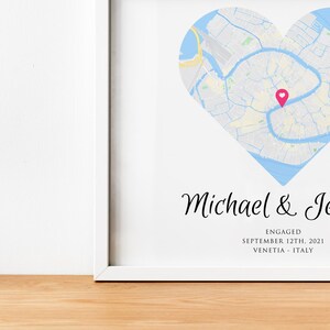 Carte du coeur de localisation | Cadeaux de fiançailles pour couples | Carte cardiaque imprimée sur papier beaux-arts avec cadre | Cadeau carte souvenir | Cadeau pour lui elle