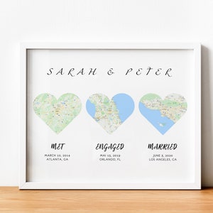 Engagement Gifts for Couple, Location Map Print Gift with Frame, Heart Map, Met Engaged Married Map, Wedding Map, Gift for Couple