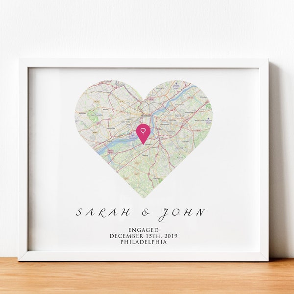 Cadeau de fiançailles personnalisé pour couple, carte de localisation encadrée, impression de carte de fiançailles coeur, cadeau d'anniversaire pour elle pour lui, option encadrée