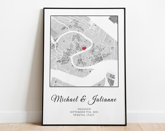 Engagement Gift for Couple | Heart Map Print on Fine Art Paper with Frame | Engaged Map Gift | Anniversary Engagement Gift for Him Her