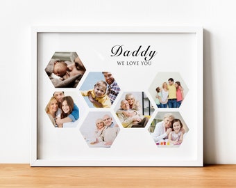 Up to 10 PICTURE COLLAGE, Father's Day Gift, Gift for Dad Daddy, Photo Collage with Frame, Hive Shape, Personalized Father Gift, Framed