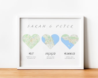 Verlovingscadeaus voor koppel, locatiekaart printcadeau met frame, hartkaart, ontmoette betrokken getrouwde kaart, trouwkaart, cadeau voor koppel