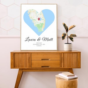 Cadeaux de fiançailles pour couple | Saint-Valentin coeur imprimé carte encadré | Cadeaux pour fiancés | Impression de la carte de localisation GPS