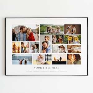 Peut inclure: Un collage photo noir et blanc d'une famille avec 16 images différentes. Le collage est encadré dans un cadre noir et porte le texte "YOUR TITLE HERE" et "CUSTOMIZE THIS ARIA WITH YOUR OWN TEXT MESSAGE OR A GIFT DEDICATION" en bas.