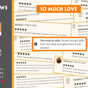 May include: A collage of customer reviews for a shop selling personalized prints. The reviews are positive and highlight the shop's excellent customer service, fast shipping, and high-quality products. The text "SO MUCH LOVE" is featured prominently in the image.