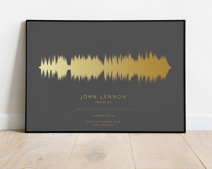 Personalized Poster Print with Soundwave Art | Gold Effect Music Wall Art | Your Song Waveform Art | Enagagement Wedding Gift | Framed