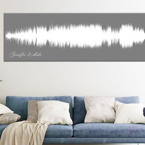 Könnte beinhalten: Ein grauer Leinwanddruck mit einem weißen Soundwave-Design und dem Text "Jennifer & Mike" in einer kursivschriftlichen Schriftart.