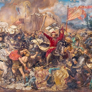 May include: A large, detailed painting depicting a battle scene with many figures in armor, swords, and flags. The scene is set in a field with a church in the background. The painting is done in a realistic style with a focus on detail.