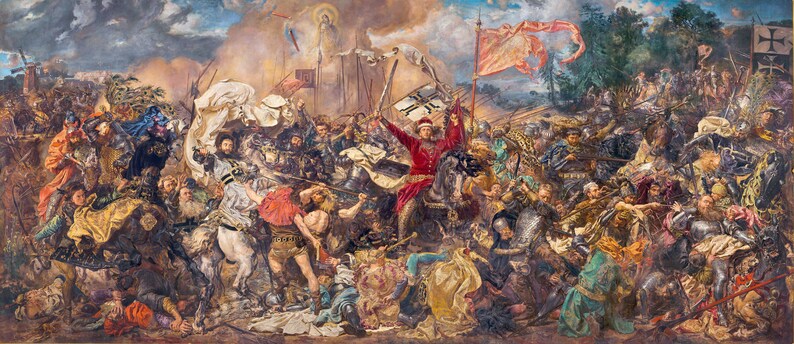 May include: A large, detailed painting depicting a battle scene with many figures in armor, swords, and flags. The scene is set in a field with a church in the background. The painting is done in a realistic style with a focus on detail.