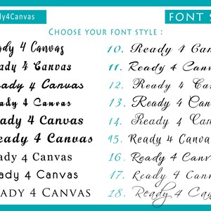 May include: A graphic showing 18 different font styles for the text "Ready 4 Canvas". The font styles range from cursive to bold and blocky.