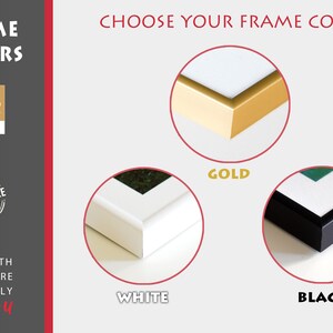 May include: Choose your frame color: gold, white, or black.  The image shows close-up views of each frame color.