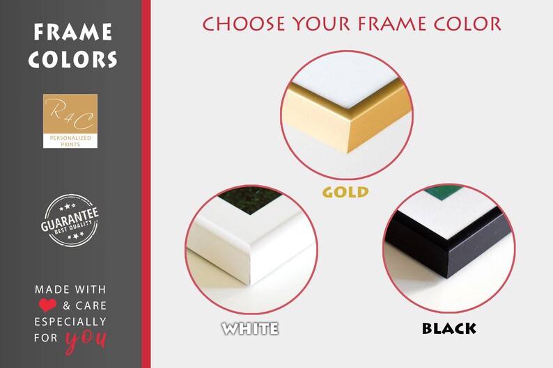 May include: Choose your frame color: gold, white, or black.  The image shows close-up views of each frame color.