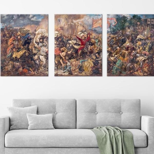 Canvas Print Triptych Matejko Battle of Grunwald | Classic Polish Painting Reprint | Set of 3 Canvas from Poland | Historical Battle Scene