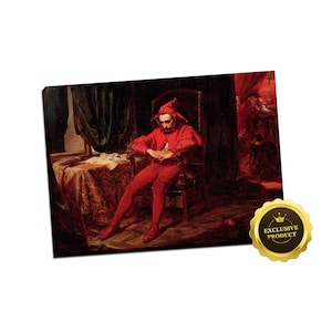May include: A painting of a man dressed as a jester, sitting in a chair with a thoughtful expression. He is wearing a red and gold costume with a pointed hat. The painting is set in a dark room with a window in the background.