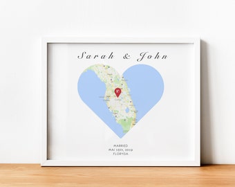 Engagement Gifts Map Print, Custom Engagement Gift for Couple Print, Framed Opt Heart Map, Wedding Anniversary Gift for Her for Him