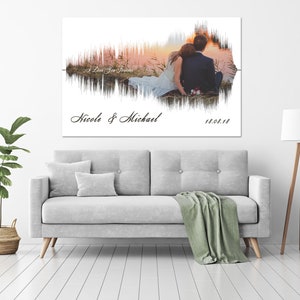 May include: A wedding photo of a couple sitting on a grassy hill with a sunset in the background. The photo is surrounded by a sound wave design. The text "I Love You Forever" is written in the sound wave design. The text "Nicole & Michael" and the date "18.08.18" are written below the photo.