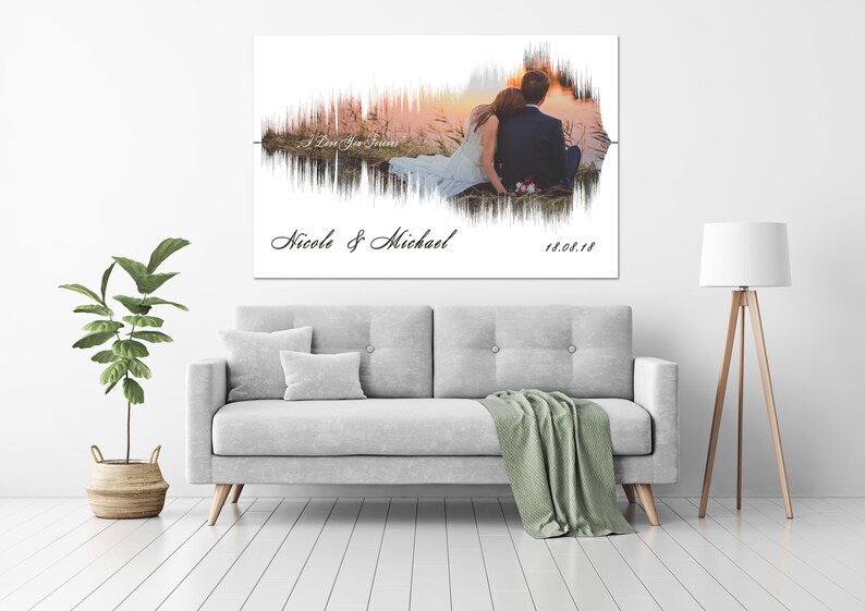 May include: A wedding photo of a couple sitting on a grassy hill with a sunset in the background. The photo is surrounded by a sound wave design. The text "I Love You Forever" is written in the sound wave design. The text "Nicole & Michael" and the date "18.08.18" are written below the photo.