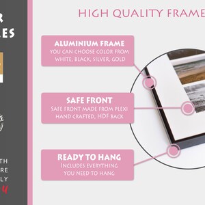 May include: High quality frames for photos, with a black frame and a white mat. The frames are made with a safe front made from Plexi and a hand-crafted HDF back. The frames are ready to hang and include everything you need to hang them.