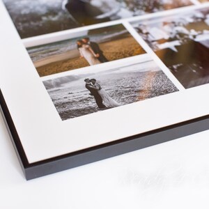 May include: A black framed collage of wedding photos. The photos are arranged in a grid pattern and feature a couple in various poses. The photos are printed on high-quality paper and have a matte finish.