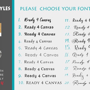 May include: A chart with 20 different font styles for canvas prints. The chart is on a blue background with white text. The font styles are numbered 1 through 20. Each font style is labeled "Ready 4 Canvas".
