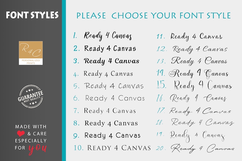 May include: A chart with 20 different font styles for canvas prints. The chart is on a blue background with white text. The font styles are numbered 1 through 20. Each font style is labeled "Ready 4 Canvas".
