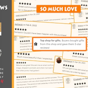 May include: A collage of customer reviews for a shop selling personalized prints. The reviews are positive and highlight the shop's excellent customer service, fast shipping, and high-quality products. The text "SO MUCH LOVE" is featured prominently in the image.