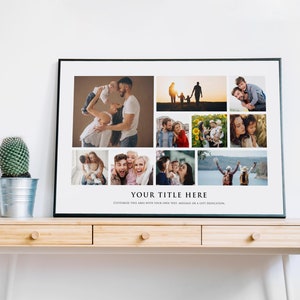 May include: A black framed photo collage with nine pictures of a family. The pictures show a variety of moments, including a family of four walking on a beach, a couple holding a baby, and a group of people smiling at the camera. The text "YOUR TITLE HERE" is printed below the pictures.