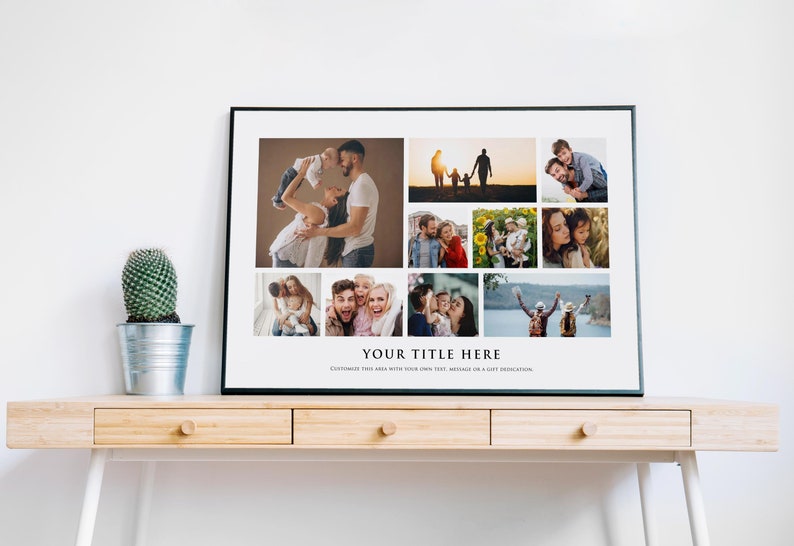 May include: A black framed photo collage with nine pictures of a family. The pictures show a variety of moments, including a family of four walking on a beach, a couple holding a baby, and a group of people smiling at the camera. The text "YOUR TITLE HERE" is printed below the pictures.
