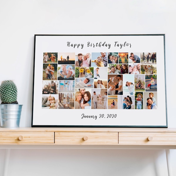 Photo Collage Print with Frame, Up to 40 Picture Collage Fine Art Print Personalized with any Text, Custom Collage Art with Photos, Framed