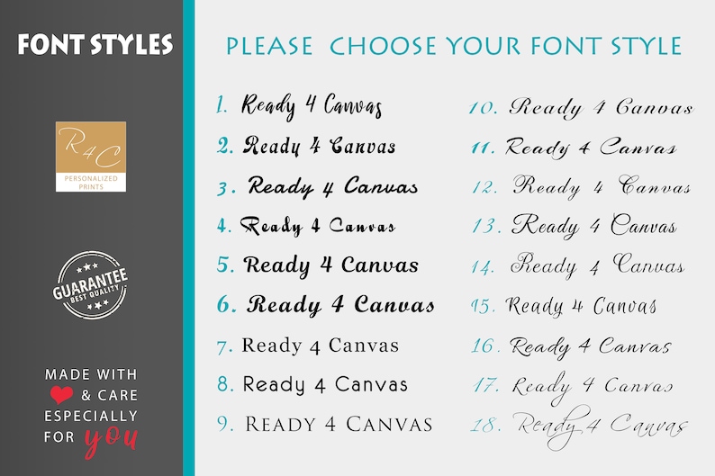 May include: A list of 18 different font styles for canvas prints. The font styles are numbered 1 through 18 and each style is shown with the text "Ready 4 Canvas".